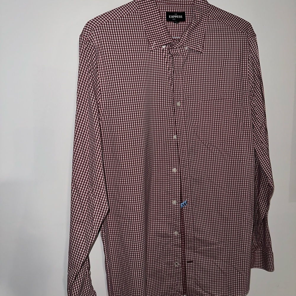 Express Performance Men's Red Checkered Button Do… - image 1